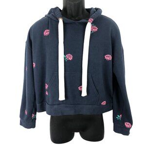 Free Press Juniors Size Large Navy Blue Long Sleeve Cropped Hoodie Pink Roses